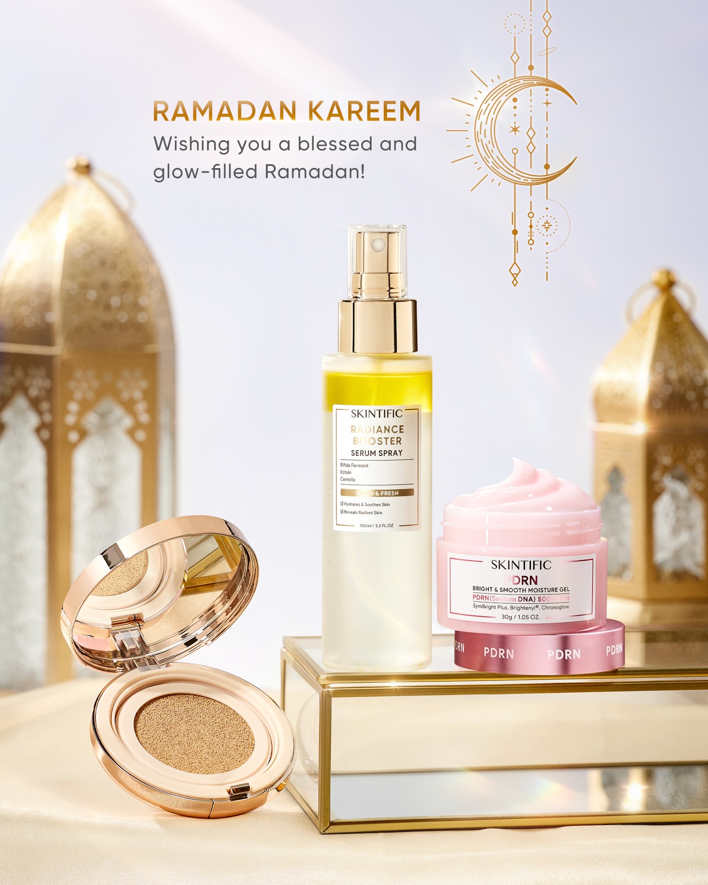 Poster iklan Skintific: Ramadan Kareem, Radiance Booster Serum Spray, dan PDRN Bright & Smooth Moisture Gel